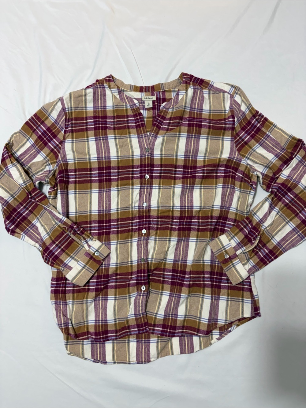L.L.Bean Women XL Plaid Split Neck Flannel Long Sleeve Button Down Top Fall